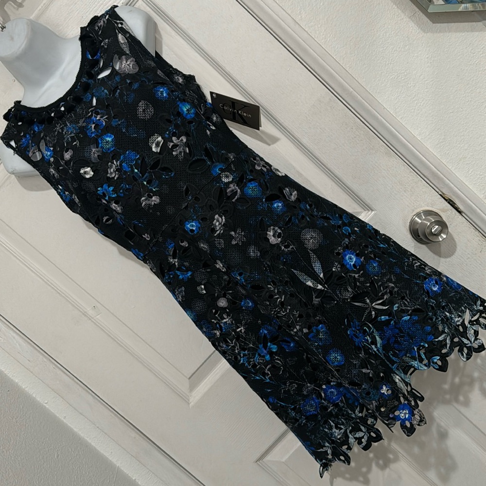 Vintage Calvin Klein Black and Blue Lace Dress Sleeveless Size 4
